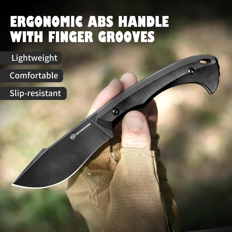 DRACHENADER Survival Knife with Fire Starter L-Y, 7.68" Tactical Small Fixed Blade EDC Knife for Men, Full Tang, Stonewashed Black Blade & Black Handle - Image 3